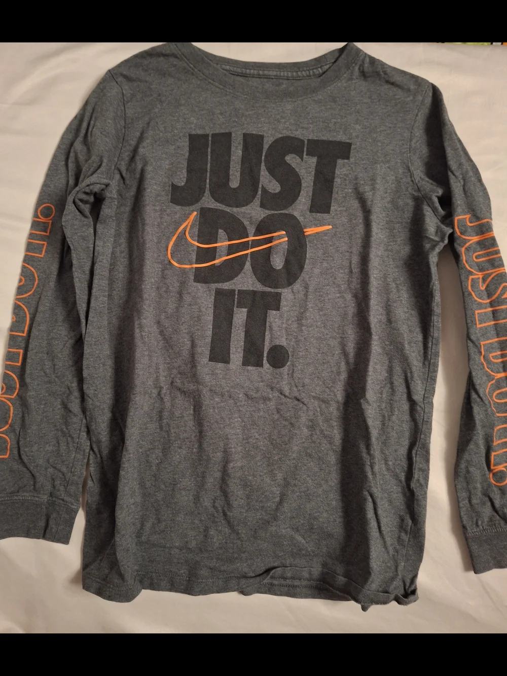 Nike Long Sleeve Gray 'Just Do It' Tee with Orange Swoosh